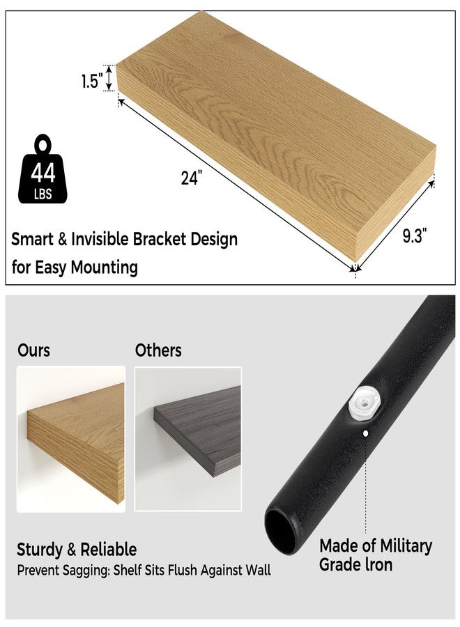 Venusmiles Floating Shelves for Wall, Engineered Wood Wall Shelves with Invisible Brackets for Living Room Bedroom Bathroom Office Kitchen Decor and Storage (Oak, 24" W x 9" D x 1.5" H) Set of 2 - Image 3